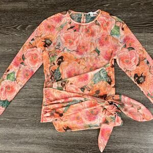 Ala Von Auersperg Mesh Top Taj Floral Print Sheer Long Sleeve Tie‎ Waist Pink M